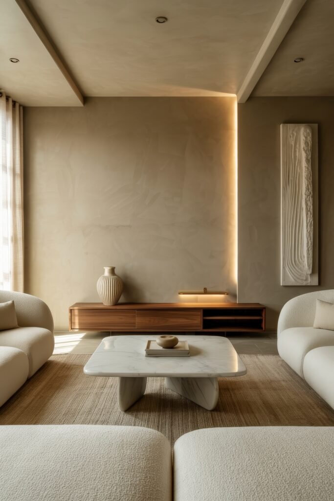 Modern Luxury Living Room: Designing a Sleek Luxe Lounge 22 Softly lit modern luxury living room framed by two cream boucle sofas, square white marble coffee table and floating walnut console on a textured beige wall
