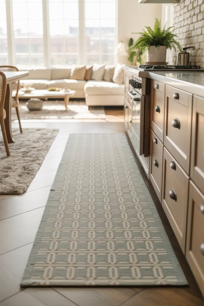 Open kitchen and living room: Smart Tips for Seamless Flow 21 Sunlit open kitchen and living room with a patterned runner along shaker-style cabinets, light wood furniture, and a soft sectional sofa near tall windows.