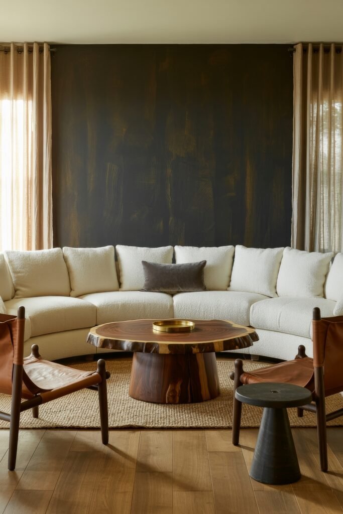 Rustic Luxury Living Room: Warm and Unique Living Area Themes 23 Rustic luxury living room featuring a large white sectional, dramatic dark accent wall, leather sling chairs, and a bold raw-edge coffee table with a brass tray centerpiece.