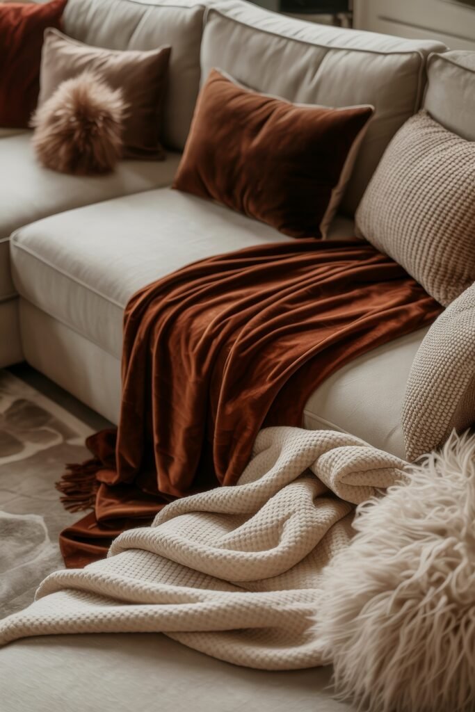 Sunken living room Magic: Cozy Tips for Instant Depth 21 Cozy sectional sofa adorned with rust-colored and beige textured throws, along with a mix of velvet and fluffy pillows, creating a layered and inviting look.