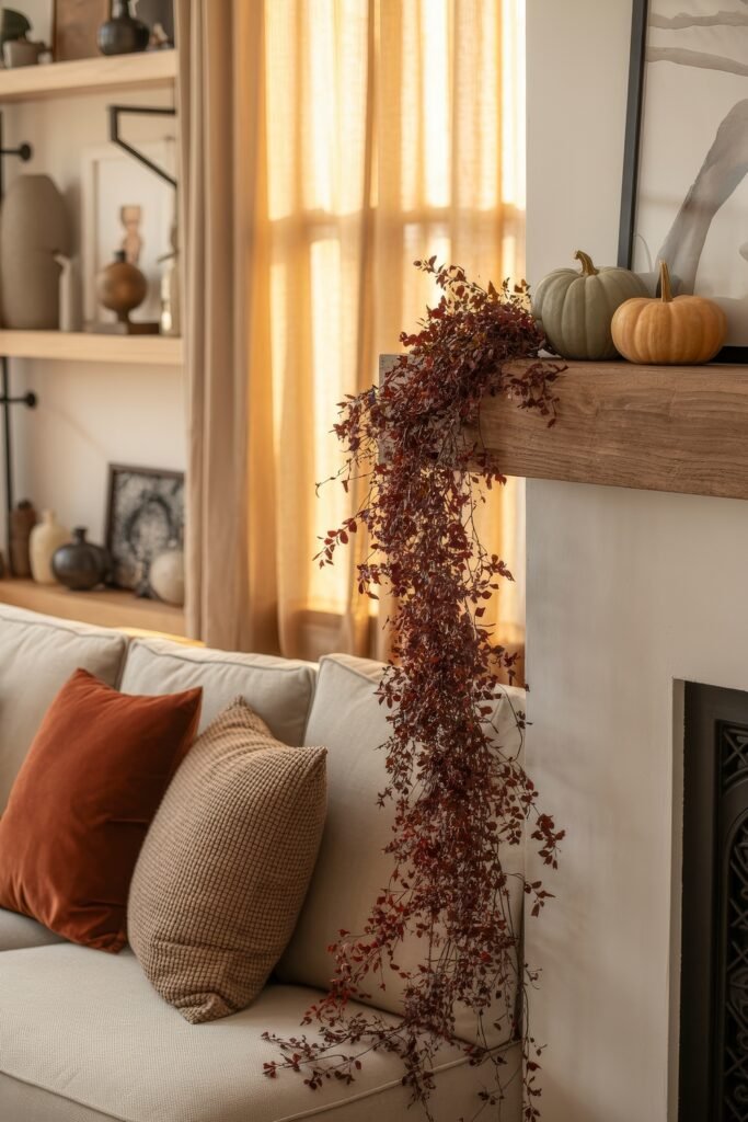 Fall Living Room Decor: Brilliant Ways to Cozy Up 21 Soft fall living room decor featuring a beige sofa with rust and houndstooth pillows, a wooden mantel topped with green and orange pumpkins, and cascading burgundy foliage adding seasonal charm.