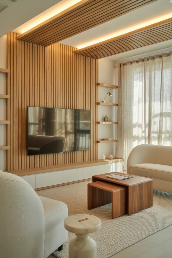 Living Room TV Wall Luxury: Sleek Ideas for a Stylish Setup 23 Light-filled modern living room with a wall-mounted TV on vertical wood slats, integrated ceiling slats with ambient lighting, soft neutral furnishings, and warm wood and marble accents.