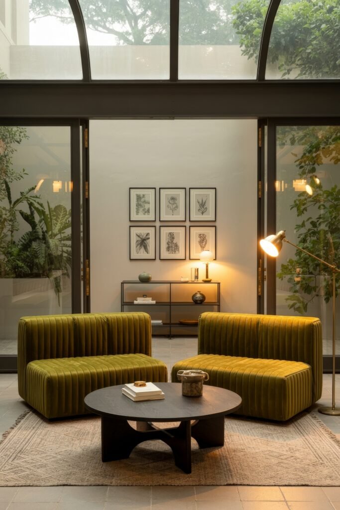 Luxury Sofa Living Room: Furniture for a Luxury Lounge 24 Stylish indoor garden room featuring twin channel-tufted olive green armless sofas, dark round coffee table, framed botanical prints, and abundant greenery under a curved glass ceiling.