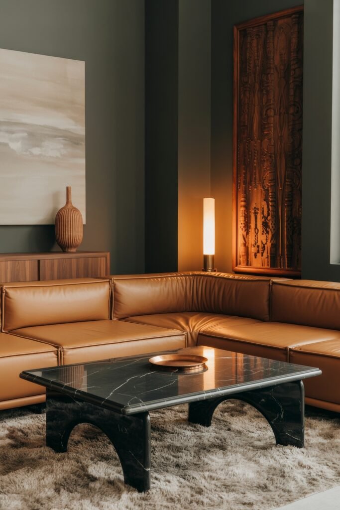 Modern Luxury Living Room: Designing a Sleek Luxe Lounge 23 Moody luxury living room featuring a cognac leather corner sofa, arched black marble coffee table, carved wood panel and tall ambient lamp on a plush shag rug