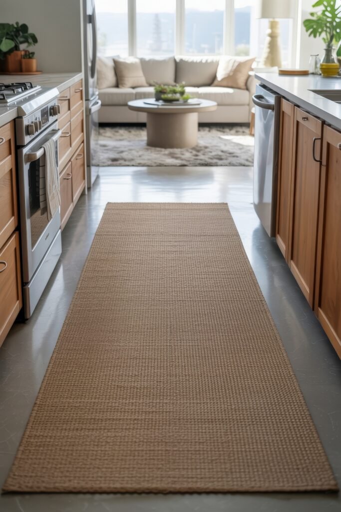 Open kitchen and living room: Smart Tips for Seamless Flow 22 Galley-style open kitchen with wood cabinetry and a neutral woven runner, leading into a cozy living room with a sectional and plush rug.