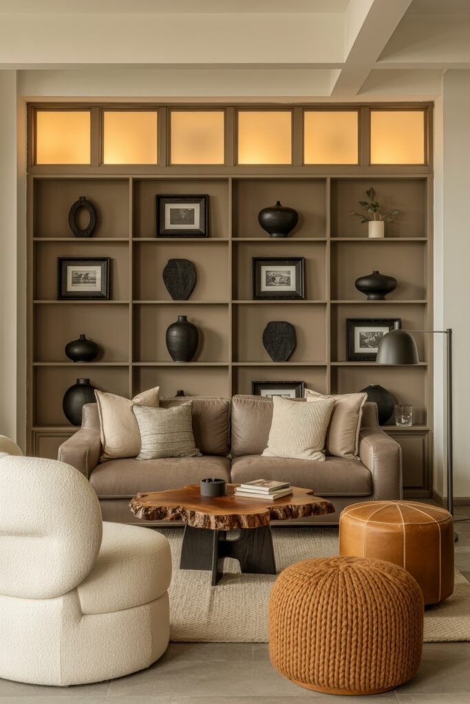 Rustic Luxury Living Room: Warm and Unique Living Area Themes 24 Stylish neutral-toned living room with a taupe sofa, boucle armchair, round knit and leather poufs, and a sculpted-edge wood coffee table, backed by a curated shelf wall of dark ceramics and framed art.