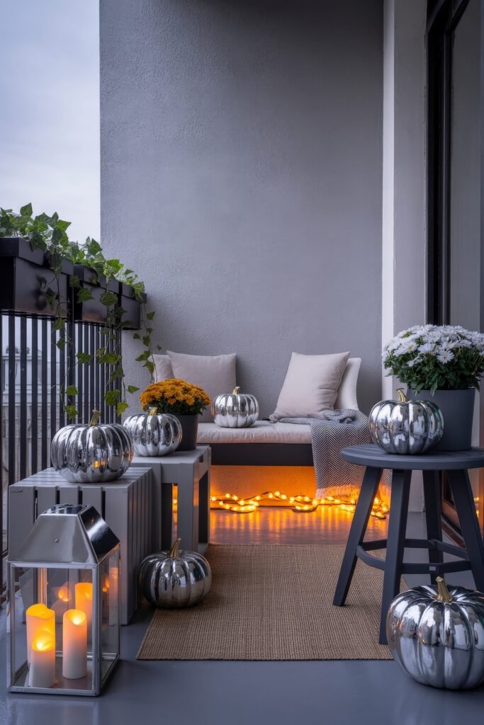 Fall Outdoor Decor: 12 Brilliant Touches for Tiny Porches 21 Stylish balcony featuring chrome pumpkins, cozy seating with neutral pillows, soft lighting under a bench, and potted mums, blending modern elegance with fall decor.