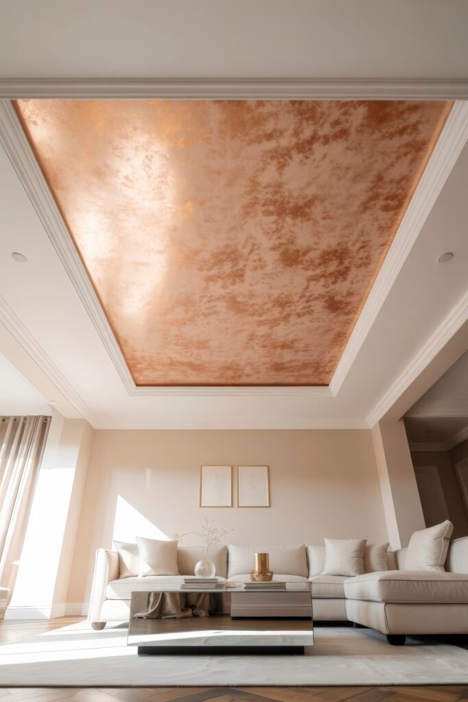 Luxury Ceiling Design in Living Rooms 19 Soft blush-themed living room with a shimmering pink-toned recessed ceiling, mirrored coffee table, plush cream sectional, and gold-accented decor, radiating modern luxury and lightness.