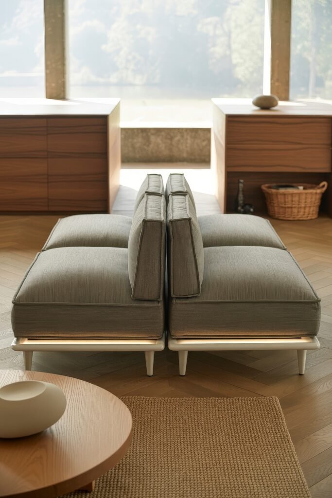 Luxury Sofa Living Room: Furniture for a Luxury Lounge 25 Contemporary symmetrical lounge setup with two back-to-back grey cushioned seats on white bases, arranged on a light-toned woven rug with wood flooring and minimal decor.