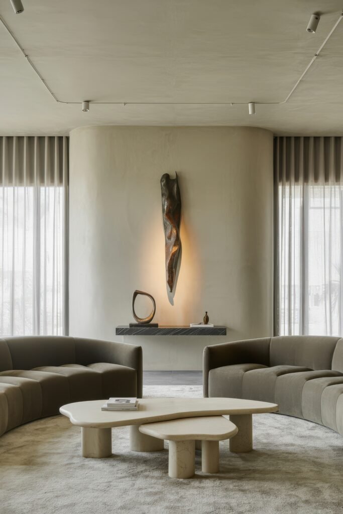 Modern Luxury Living Room: Designing a Sleek Luxe Lounge 24 Spacious neutral lounge showcasing twin grey curved sofas encircling layered cream marble coffee tables and a spotlighted abstract wall sculpture