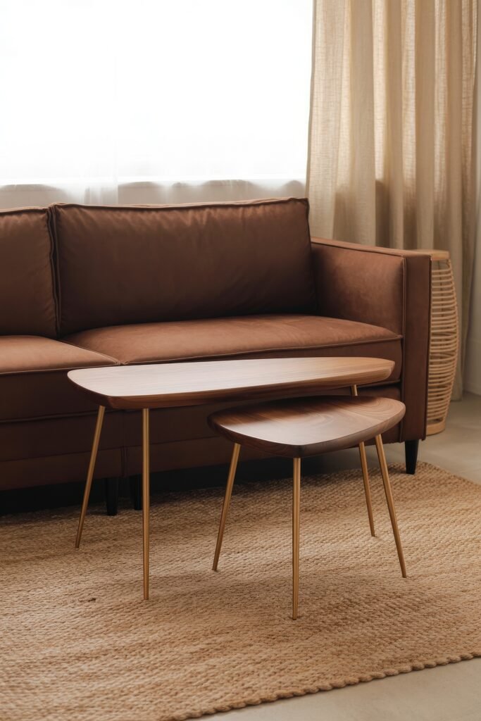 Brown Couch Living Room Ideas: Cozy and Chic Decor Inspiration 24 Minimal brown sofa paired with two mid-century style nesting tables on a woven rug, bathed in soft daylight and surrounded by neutral curtains.