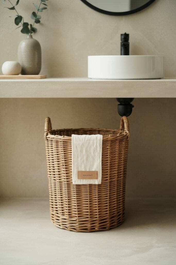 Fall Bathroom Decor: Cozy Upgrades for Instant Spa 23 Minimalist bathroom with a woven basket under a floating sink shelf, styled with a white towel, ceramic vases, and eucalyptus, emphasizing natural textures and simple fall decor touches.
