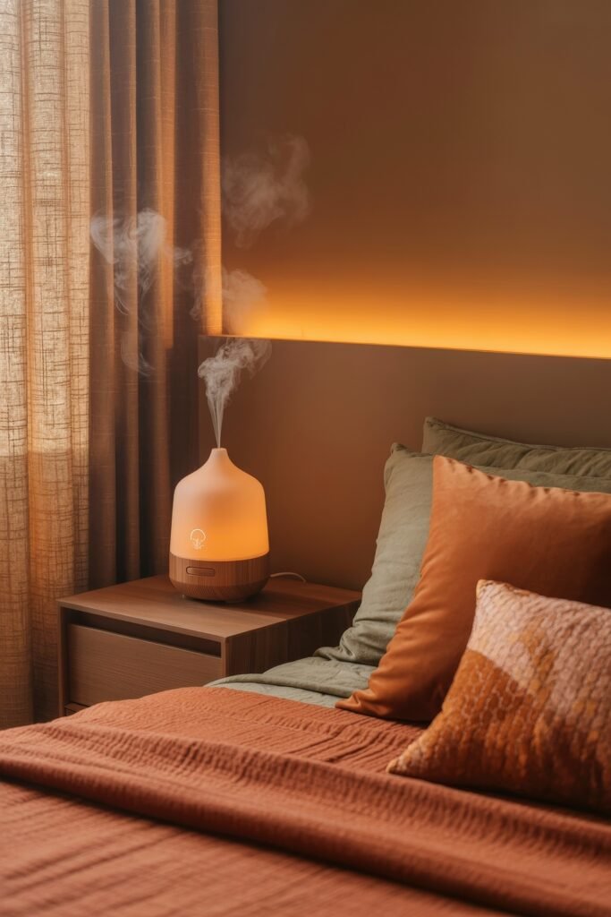 Fall Bedroom Decor: Cozy Ideas You’ll Love 23 Autumn-inspired bedroom corner with glowing diffuser on a wooden nightstand, rust and sage bedding, and soft lighting accenting the cozy fall ambiance.
