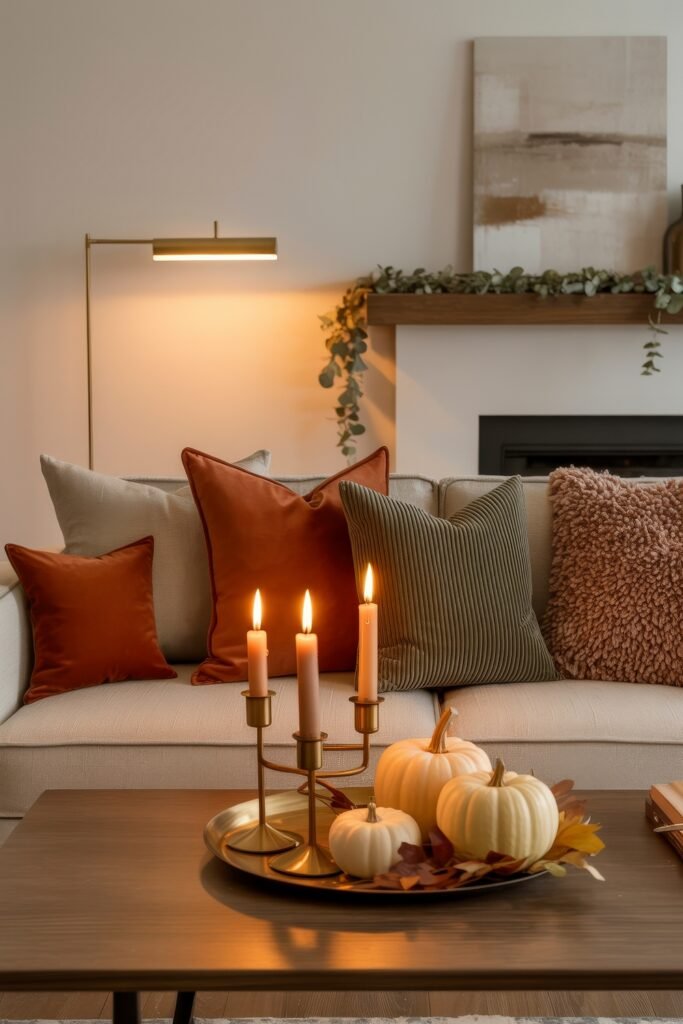 Fall Living Room Decor: Brilliant Ways to Cozy Up 22 Warm and cozy fall living room setup with a cream sofa, rust and olive pillows, and a coffee table centerpiece of ivory pumpkins, golden candlesticks, and autumn leaves in front of a softly lit fireplace.