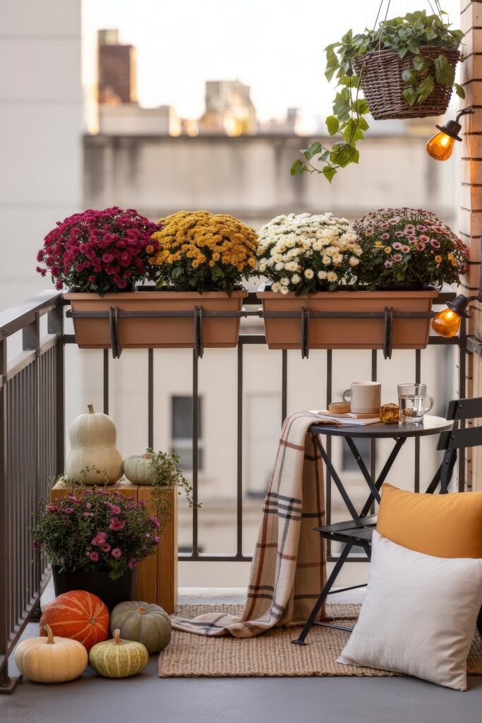 Fall Outdoor Decor: 12 Brilliant Touches for Tiny Porches 22 Bright balcony scene with a row of colorful chrysanthemums, stacked pumpkins, a plaid blanket, and a small table set with drinks for a cheerful fall outdoor decor setup.