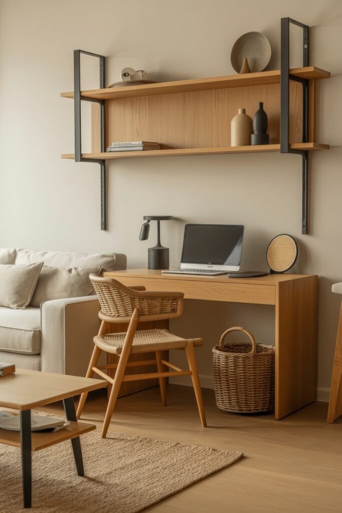 Living room office combo: Clever Ideas You’ll Love 23 Warm-toned living room office combo featuring a wood desk with a laptop and lamp, open wall shelving, and a woven basket tucked underneath, adjacent to a beige sofa.