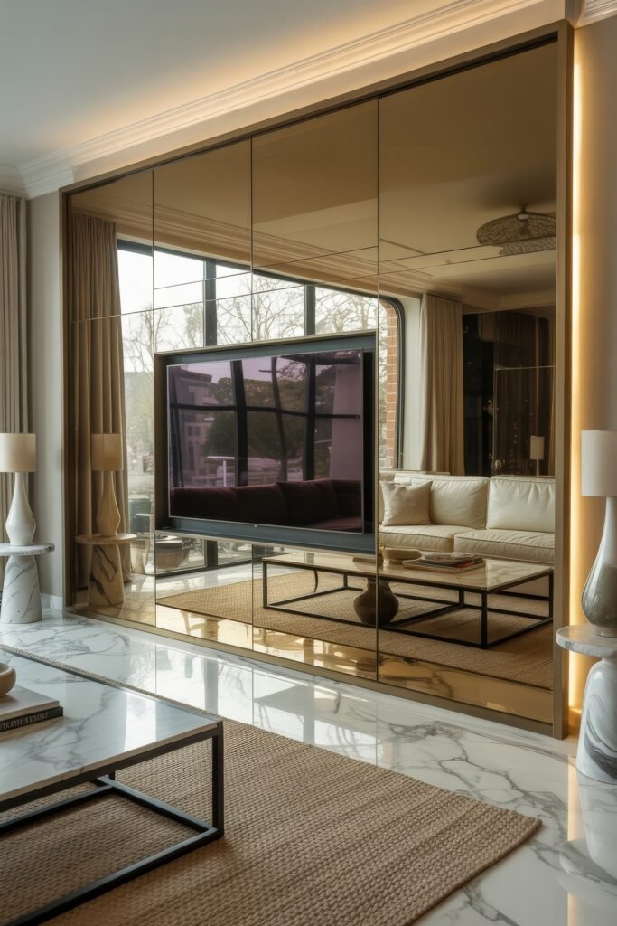 Living Room TV Wall Luxury: Sleek Ideas for a Stylish Setup 24 Elegant living space with a large TV mounted on a mirrored wall framed in gold, reflecting a cream sofa and marble-top table, set against full-height windows and luxe marble flooring.