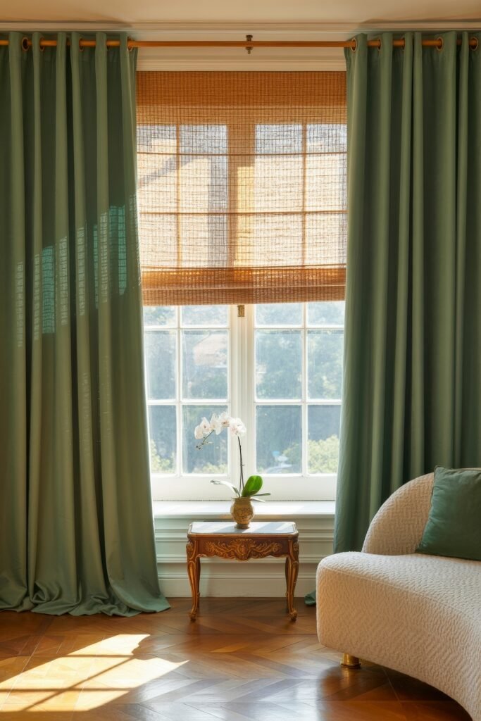 Luxury Curtains Living Room: Luxurious Curtains & Window Treatments 17 Elegant room with muted green drapes and woven bamboo shades over a bright window, a small ornate side table with a white orchid, and a cream textured sofa with a green pillow.