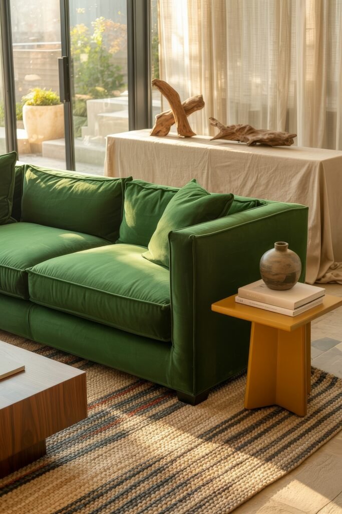 Luxury Sofa Living Room: Furniture for a Luxury Lounge 26 Bright sunroom with a vivid green velvet sofa, yellow side table, and books topped with pottery, framed by soft curtains and driftwood sculptures along a covered console.