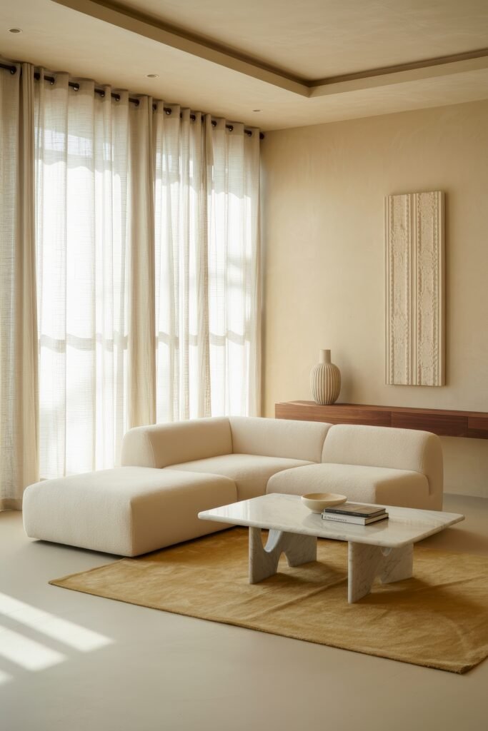 Modern Luxury Living Room: Designing a Sleek Luxe Lounge 25 Sun-washed modern luxury living room with an ivory modular sofa, sculptural white marble coffee table, ochre rug and floating walnut console under sheer curtains