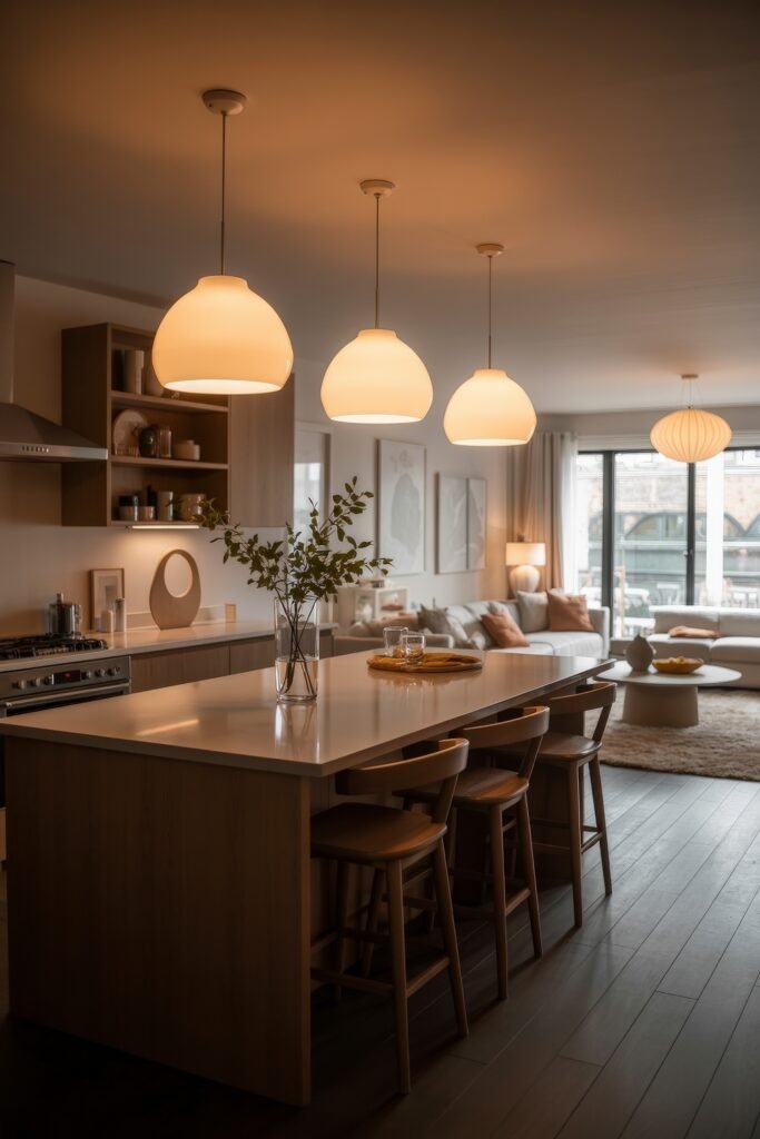 Open kitchen and living room: Smart Tips for Seamless Flow 23 Inviting open kitchen and living room featuring warm wood cabinetry, glowing pendant lights over an island, and a white sectional sofa with earthy-toned cushions.