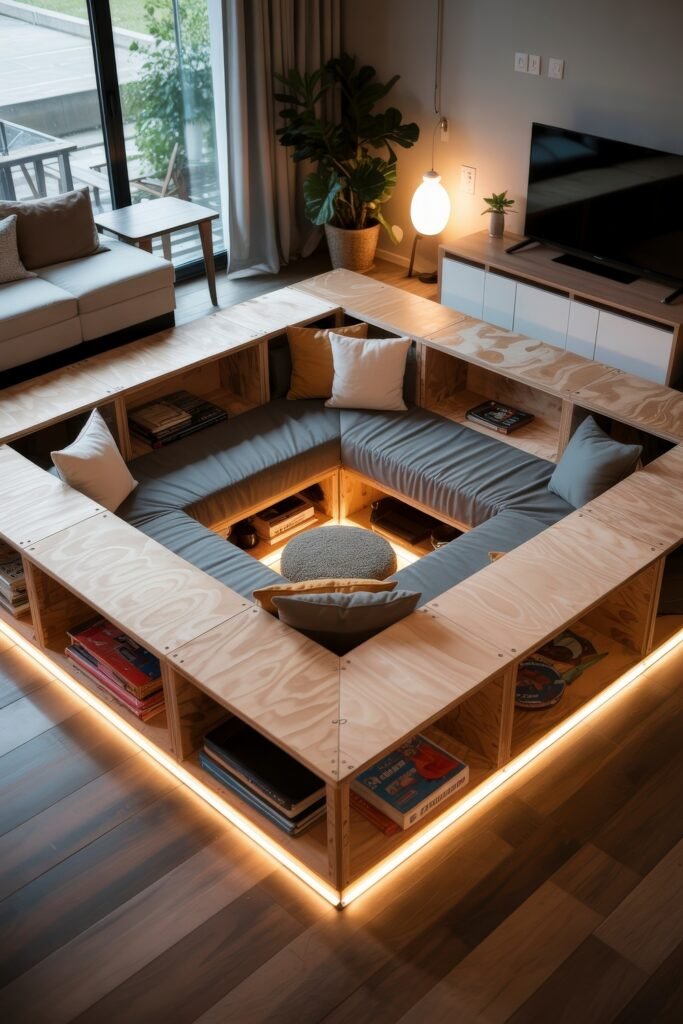Sunken living room Magic: Cozy Tips for Instant Depth 22 Creative sunken living room layout made of light plywood with built-in shelves, gray cushions, underglow lighting, and a central pouf, surrounded by books and soft pillows.