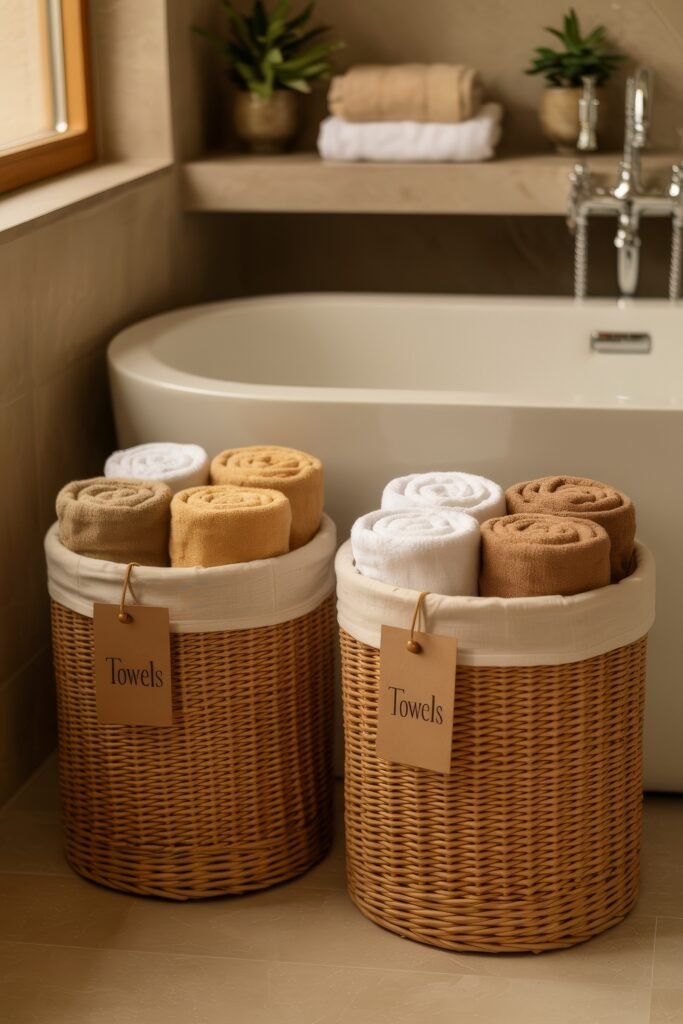 Fall Bathroom Decor: Cozy Upgrades for Instant Spa 24 Cozy bathroom corner featuring two wicker baskets filled with rolled towels in white, tan, and mustard shades, positioned near a freestanding tub and small potted plants, suggesting warm fall bathroom decor.