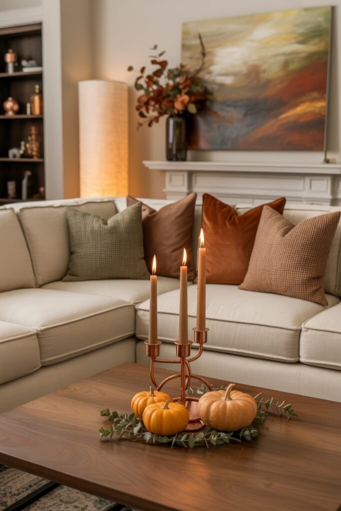 Fall Living Room Decor: Brilliant Ways to Cozy Up 23 Inviting fall living room decor with a neutral sectional, rust and sage pillows, and a wooden coffee table styled with small pumpkins, copper candles, and eucalyptus in front of an abstract painting and autumn florals.
