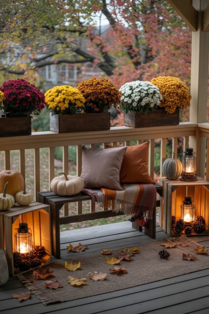 Fall Outdoor Decor: 12 Brilliant Touches for Tiny Porches 23 Porch with vibrant mums in wooden planters, scattered autumn leaves, glowing lanterns, and a bench draped with a striped throw and cushions for cozy fall ambiance.