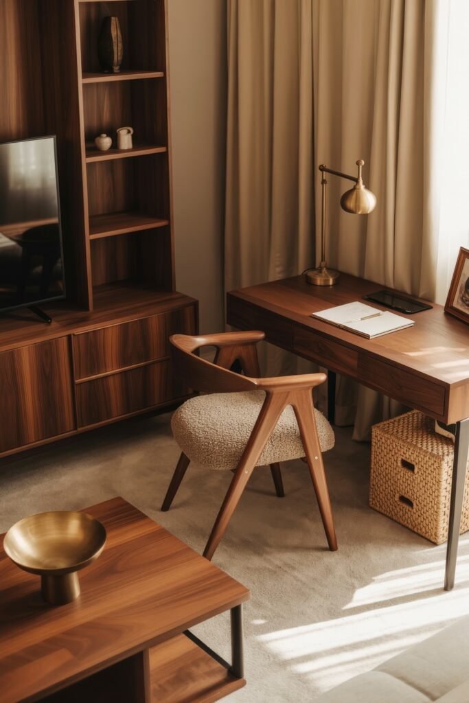 Living room office combo: Clever Ideas You’ll Love 24 Elegant home office area with rich wood furniture, including a writing desk and matching shelving, a sculptural chair, and soft lighting that enhances the cozy, modern setting.