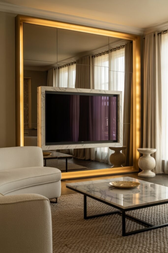 Living Room TV Wall Luxury: Sleek Ideas for a Stylish Setup 25 Sophisticated room with a floating TV framed in marble and gold, mounted on a mirrored panel wall, surrounded by plush seating, sheer curtains, and marble pedestal side tables.