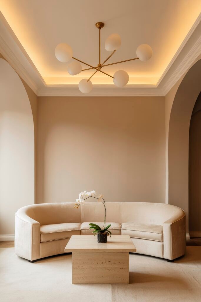 Luxury Ceiling Design in Living Rooms 21 Refined corner lounge with a curved cream velvet sofa, travertine coffee table, and sculptural ceiling light, framed by soft arches and a glowing luxury ceiling design living room.
