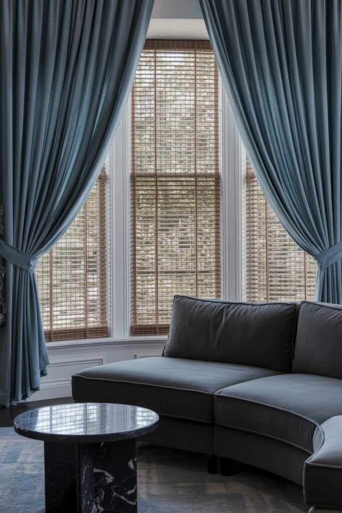 Luxury Curtains Living Room: Luxurious Curtains & Window Treatments 18 Relaxed luxury living room with powder blue curtains drawn back around bamboo shades, a dark grey curved sectional, and a black marble coffee table.