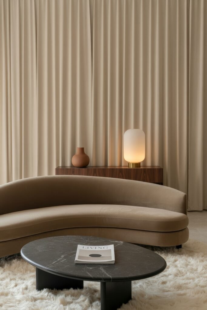 Modern Luxury Living Room: Designing a Sleek Luxe Lounge 26 Minimalist seating nook with a taupe curved sofa, black marble oval coffee table, white shag rug and walnut console holding a frosted dome lamp before floor-length drapes