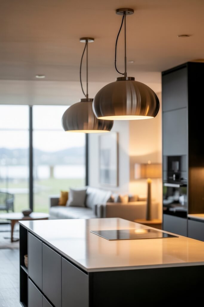 Open kitchen and living room: Smart Tips for Seamless Flow 24 Modern open layout with a sleek black kitchen island, metallic pendant lights, and a white sofa facing floor-to-ceiling windows with a view of nature.