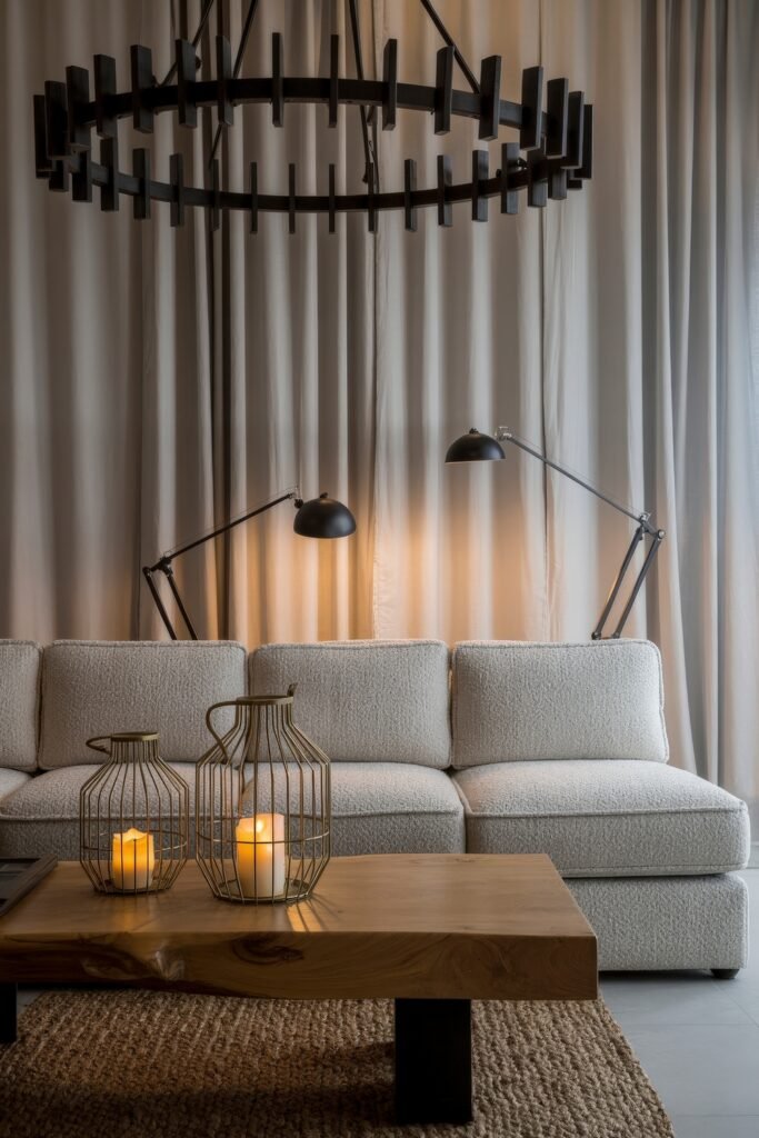 Rustic Luxury Living Room: Warm and Unique Living Area Themes 26 Moody modern space with a boucle sectional, warm curtain backdrop, oversized black chandelier, and raw-edge coffee table holding two glowing lanterns for ambient lighting.
