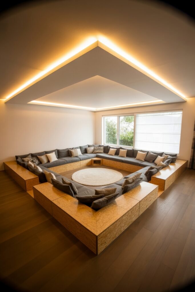 Sunken living room Magic: Cozy Tips for Instant Depth 23 Spacious sunken living room featuring wood-paneled platforms, gray cushions, and a circular beige rug, illuminated by recessed ceiling lights and framed by a large window.