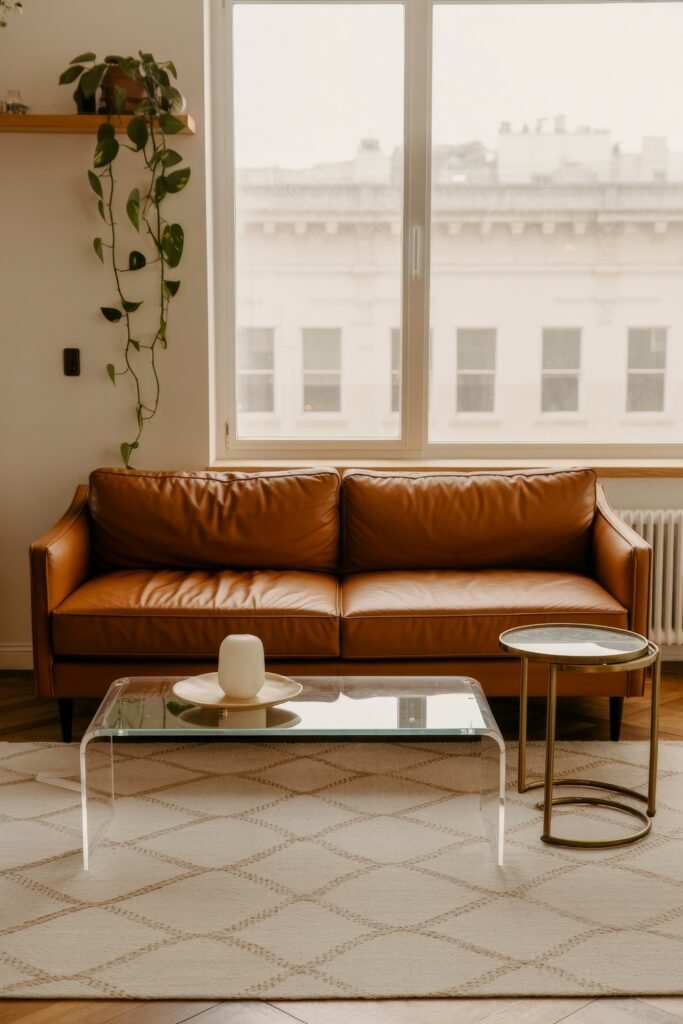 Brown Couch Living Room Ideas: Cozy and Chic Decor Inspiration 26 Tan leather couch in a bright space with a glass coffee table, neutral rug, and trailing plants, offering a clean, airy take on brown couch living room ideas.
