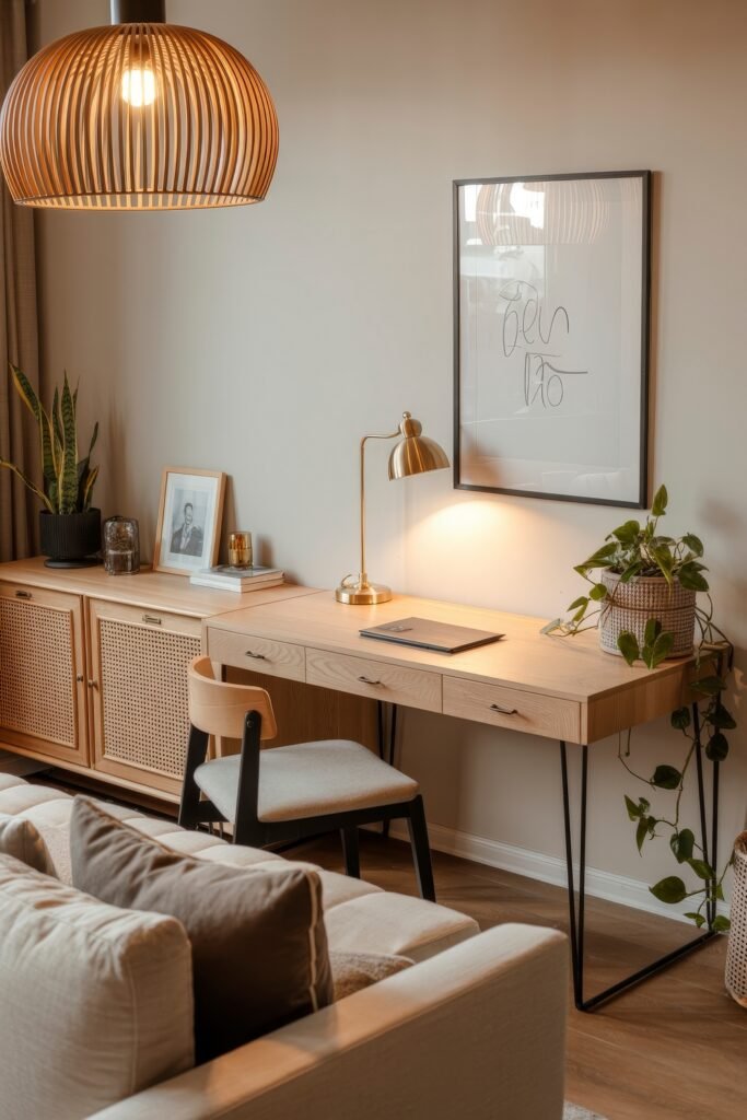 Living room office combo: Clever Ideas You’ll Love 25 Scandinavian-inspired desk setup with a brass lamp, framed photo, houseplant, and laptop, placed behind a sofa, combining work function with a light and inviting living room layout.
