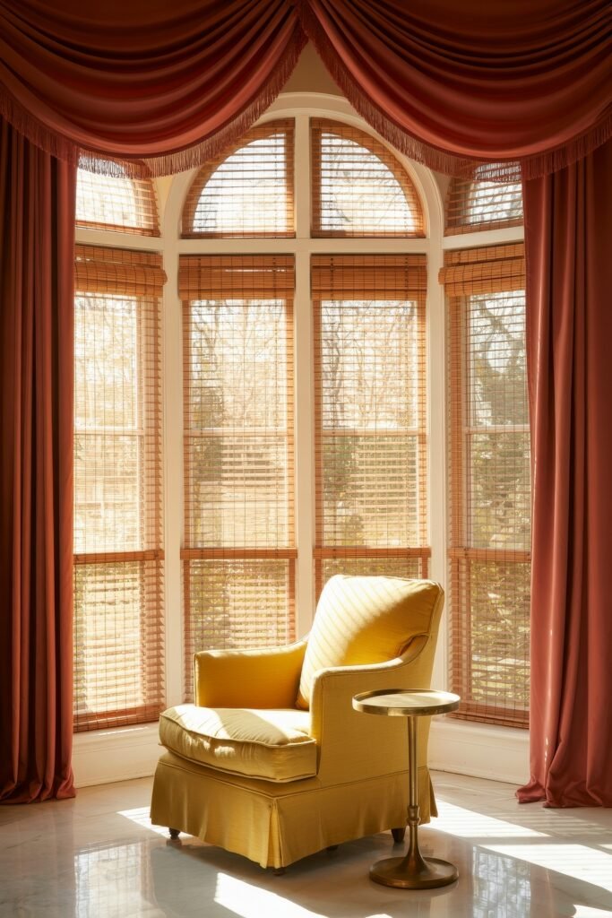 Luxury Curtains Living Room: Luxurious Curtains & Window Treatments 19 Warm sunlit corner with layered red swags and bamboo shades on arched windows, framing a bright yellow armchair and a small brass side table.