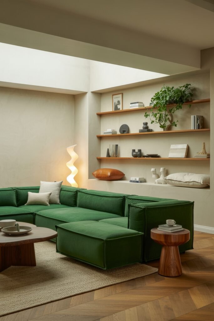 Luxury Sofa Living Room: Furniture for a Luxury Lounge 28 Cozy modern living room with a deep green modular sectional, warm wood flooring, textured rug, open wall shelving, and soft lighting from a sculptural floor lamp.