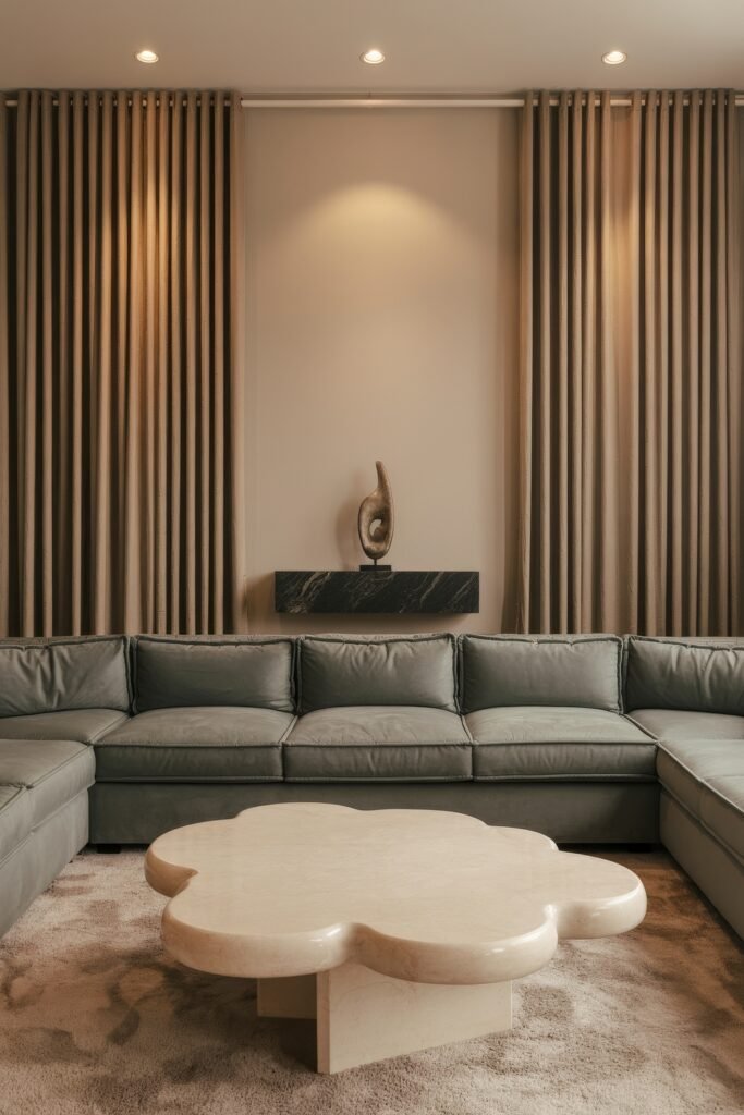 Modern Luxury Living Room: Designing a Sleek Luxe Lounge 27 Contemporary setting with an olive leather sectional, flower-shaped cream stone coffee table and pleated drapes creating a refined atmosphere