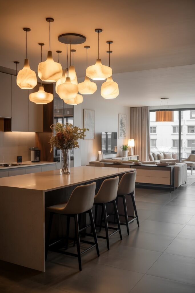 Open kitchen and living room: Smart Tips for Seamless Flow 25 Contemporary open kitchen and living room with sculptural pendant lighting, neutral furnishings, and a central island with soft chairs and floral centerpiece.