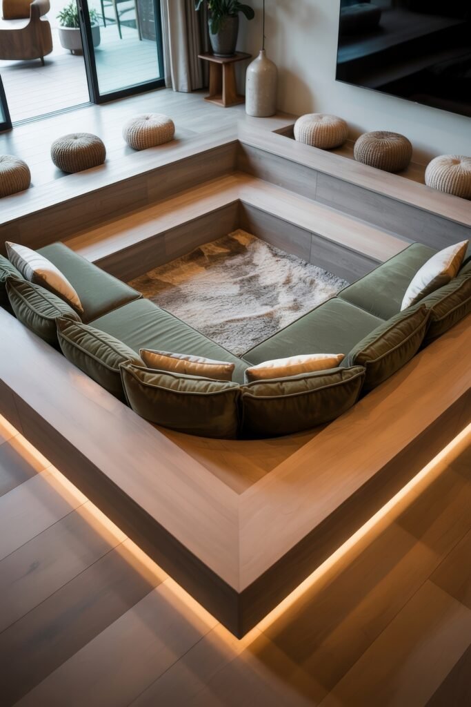 Sunken living room Magic: Cozy Tips for Instant Depth 24 Elegant sunken seating area with olive green cushions, wooden framing, and a shaggy area rug, complemented by knitted poufs and natural light from large glass doors.