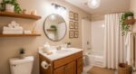 Cozy bathroom featuring wooden cabinetry, a round mirror with overhead lights, potted plants, botanical prints, and minimalist bathroom wall decor with a warm, spa-like ambiance.