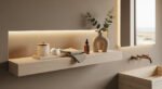 Minimalist bathroom with a floating light wood shelf displaying neutral-toned bathroom decor including a sculptural vase with greenery, amber bottle, folded towels, and a ceramic canister, all softly illuminated by built-in lighting above a stone sink.