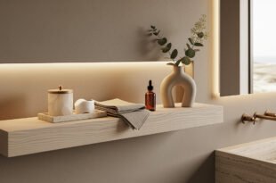 Minimalist bathroom with a floating light wood shelf displaying neutral-toned bathroom decor including a sculptural vase with greenery, amber bottle, folded towels, and a ceramic canister, all softly illuminated by built-in lighting above a stone sink.