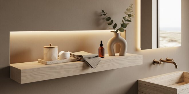 Minimalist bathroom with a floating light wood shelf displaying neutral-toned bathroom decor including a sculptural vase with greenery, amber bottle, folded towels, and a ceramic canister, all softly illuminated by built-in lighting above a stone sink.