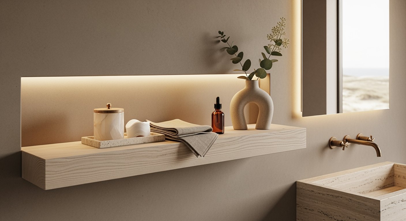 Minimalist bathroom with a floating light wood shelf displaying neutral-toned bathroom decor including a sculptural vase with greenery, amber bottle, folded towels, and a ceramic canister, all softly illuminated by built-in lighting above a stone sink.