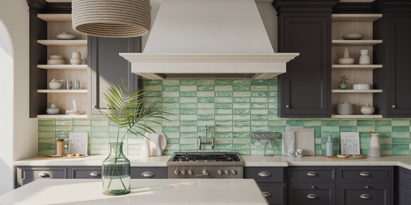 Stylish kitchen with dark cabinetry, light countertops, and glossy green tile backsplash, featuring a central gas stove, open shelving with decor, and a large vent hood framed by black kitchen cabinets.